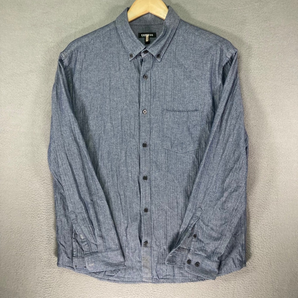 Express Chambray Shirt Mens L Blue Herringbone‎ Button Down